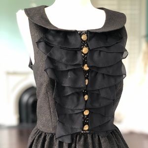 Kenzie Black ruffle gold buttons A-line dress